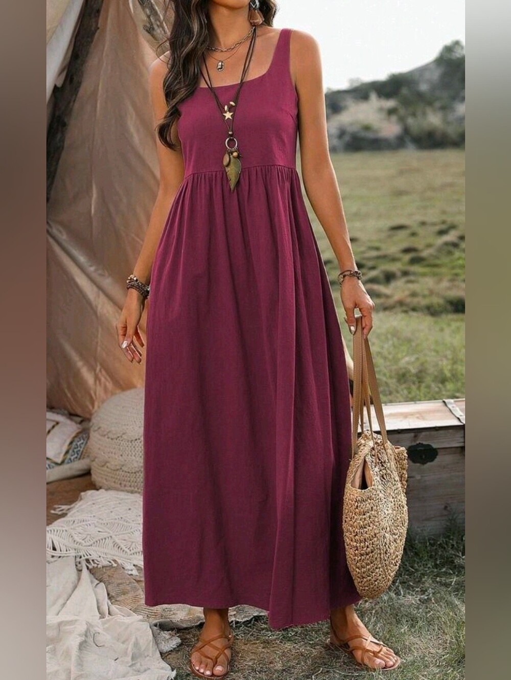 NEW Textured Cotton Cami Tank Maxi Dress Burgundy Red Wine
